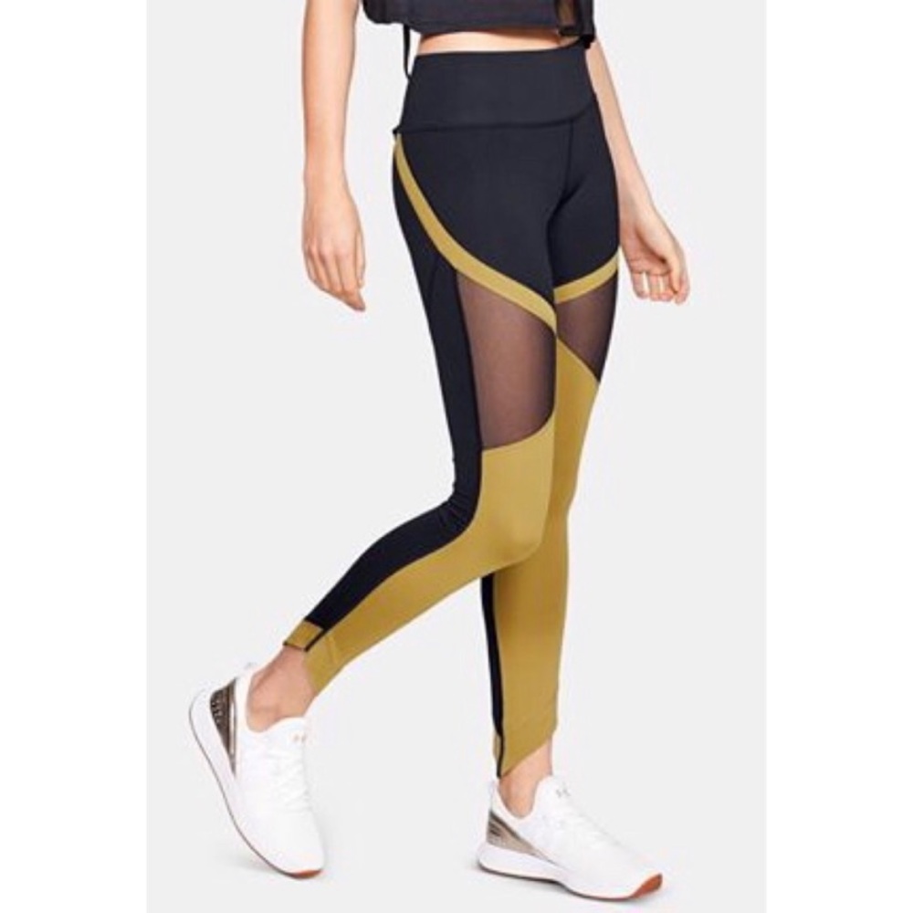 Under Armour Black and Gold Colorblock Mesh Leggings